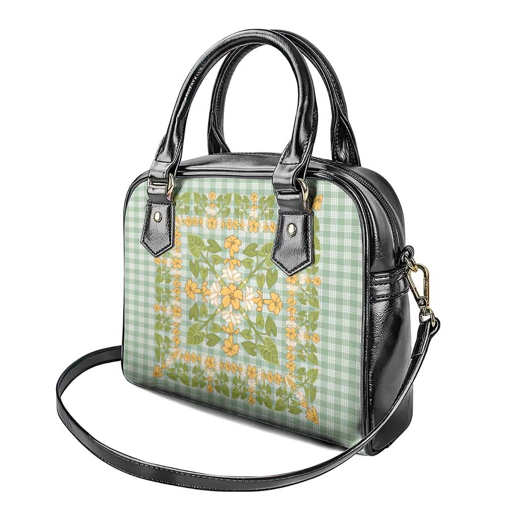 Squares Puakenikeni and Kalo Shoulder Handbag Turquoise Palaka Hawaiian Quilt Pattern - Polynesian Pride