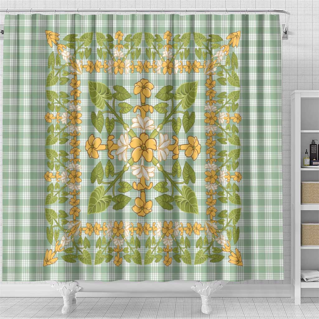 Squares Puakenikeni and Kalo Shower Curtain Turquoise Palaka Hawaiian Quilt Pattern - Polynesian Pride