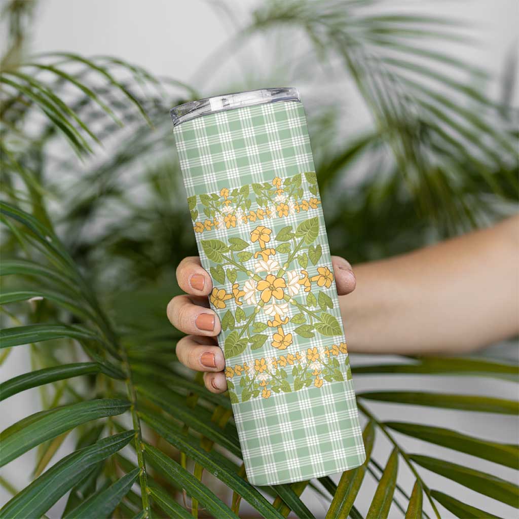 Squares Puakenikeni and Kalo Skinny Tumbler Turquoise Palaka Hawaiian Quilt Pattern - Polynesian Pride