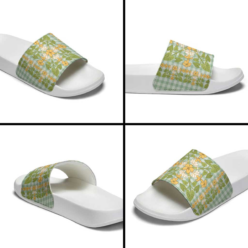 Squares Puakenikeni and Kalo Slide Sandals Turquoise Palaka Hawaiian Quilt Pattern - Polynesian Pride