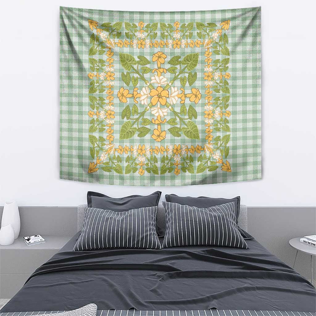Squares Puakenikeni and Kalo Tapestry Turquoise Palaka Hawaiian Quilt Pattern - Polynesian Pride