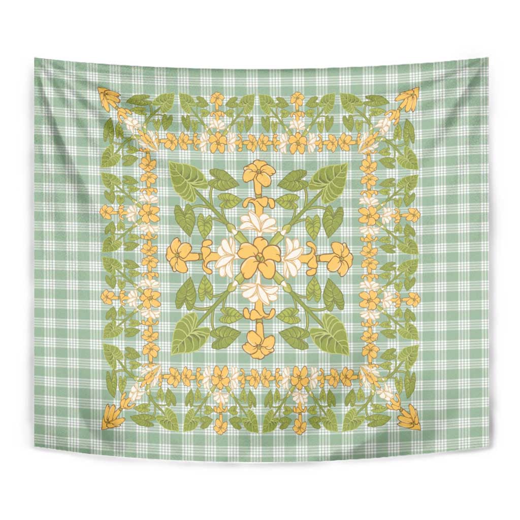 Squares Puakenikeni and Kalo Tapestry Turquoise Palaka Hawaiian Quilt Pattern - Polynesian Pride