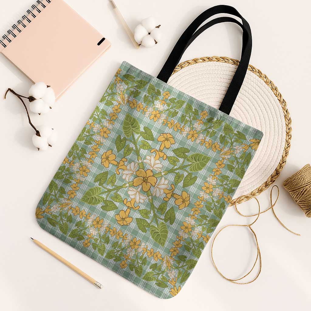 Squares Puakenikeni and Kalo Tote Bag Turquoise Palaka Hawaiian Quilt Pattern - Polynesian Pride
