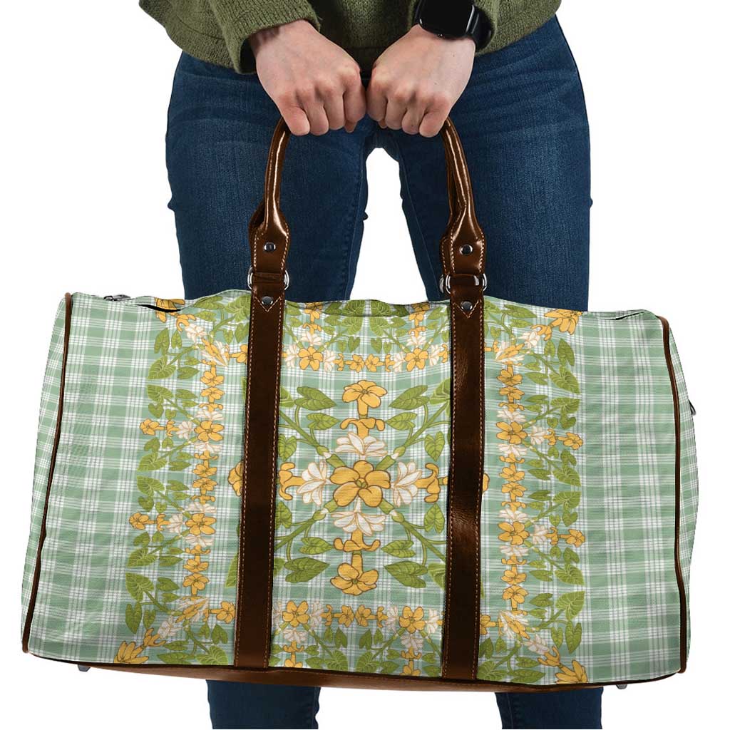 Squares Puakenikeni and Kalo Travel Bag Turquoise Palaka Hawaiian Quilt Pattern - Polynesian Pride
