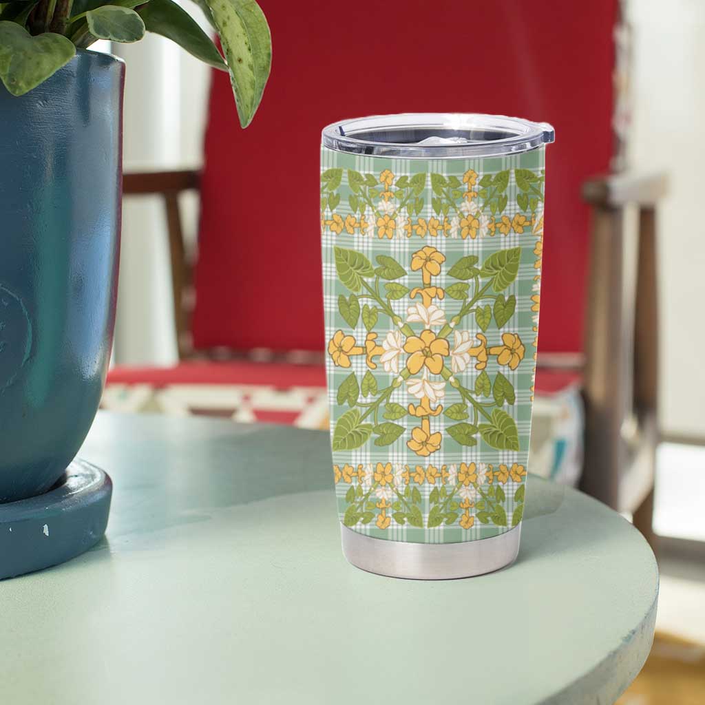 Squares Puakenikeni and Kalo Tumbler Cup Turquoise Palaka Hawaiian Quilt Pattern - Polynesian Pride