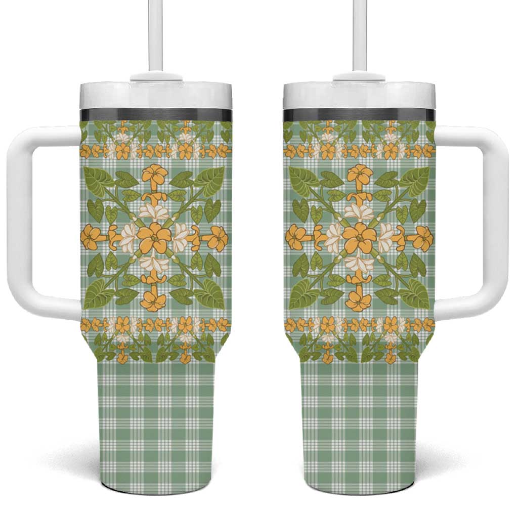 Squares Puakenikeni and Kalo Tumbler With Handle Turquoise Palaka Hawaiian Quilt Pattern LT9 One Size: 40 oz Turquoise - Polynesian Pride