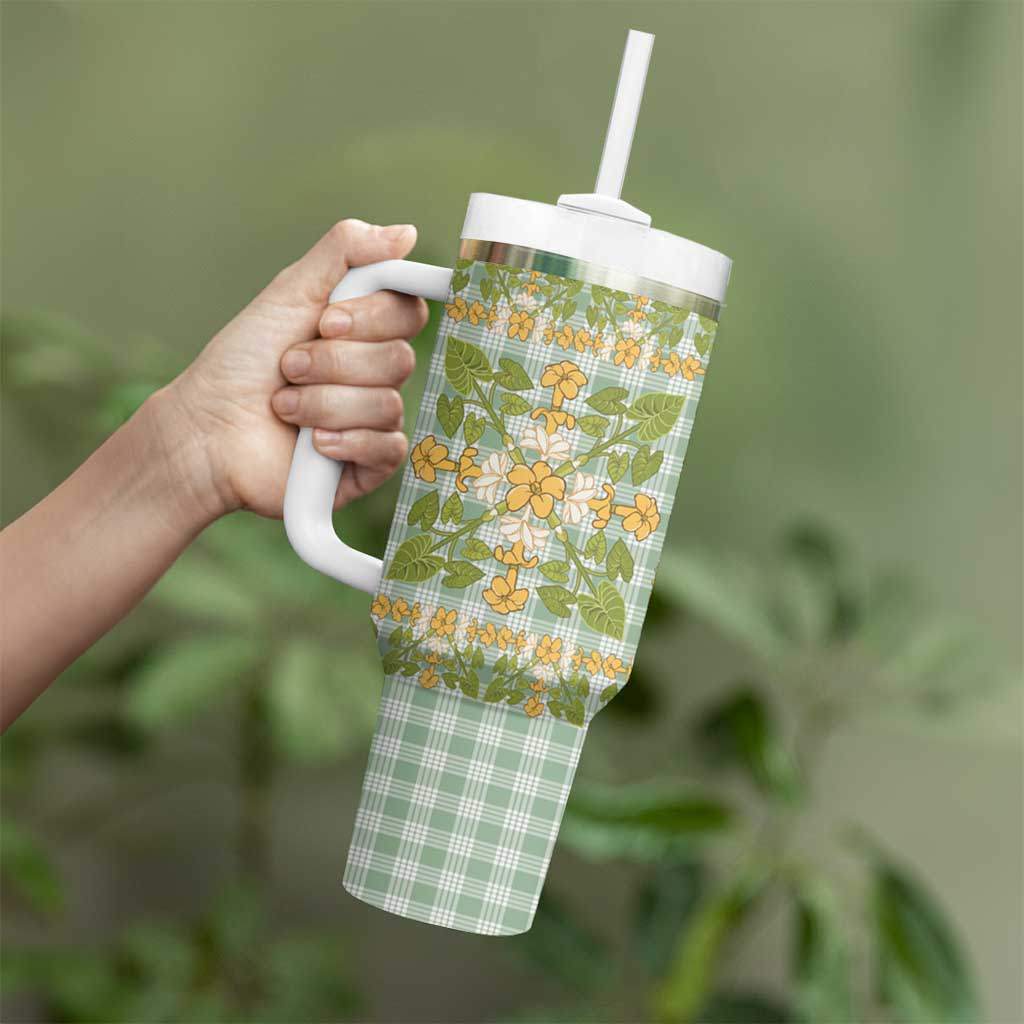 Squares Puakenikeni and Kalo Tumbler With Handle Turquoise Palaka Hawaiian Quilt Pattern LT9 - Polynesian Pride