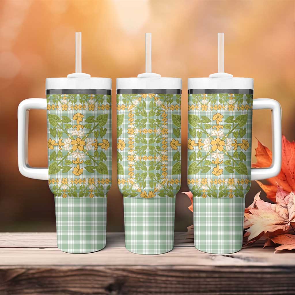 Squares Puakenikeni and Kalo Tumbler With Handle Turquoise Palaka Hawaiian Quilt Pattern LT9 - Polynesian Pride