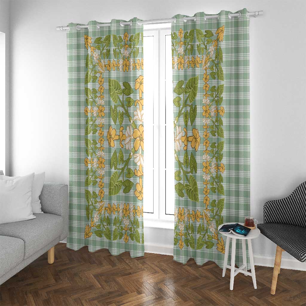 Squares Puakenikeni and Kalo Window Curtain Turquoise Palaka Hawaiian Quilt Pattern - Polynesian Pride