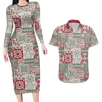 Mele Kalikimaka Hawaii Christmas Couples Matching Long Sleeve Bodycon Dress and Hawaiian Shirt Aloha Spirit with Hawaiian Quilt Pattern LT9 Beige - Polynesian Pride