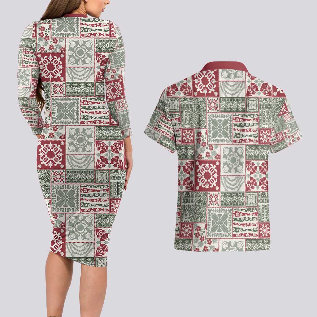 Mele Kalikimaka Hawaii Christmas Couples Matching Long Sleeve Bodycon Dress and Hawaiian Shirt Aloha Spirit with Hawaiian Quilt Pattern LT9 - Polynesian Pride