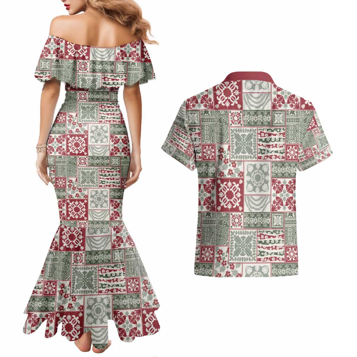 Mele Kalikimaka Hawaii Christmas Couples Matching Mermaid Dress and Hawaiian Shirt Aloha Spirit with Hawaiian Quilt Pattern LT9 - Polynesian Pride