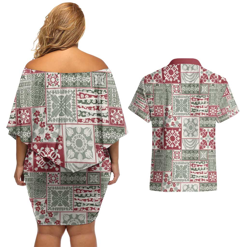 Mele Kalikimaka Hawaii Christmas Couples Matching Off Shoulder Short Dress and Hawaiian Shirt Aloha Spirit with Hawaiian Quilt Pattern LT9 - Polynesian Pride