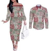Mele Kalikimaka Hawaii Christmas Couples Matching Off The Shoulder Long Sleeve Dress and Long Sleeve Button Shirt Aloha Spirit with Hawaiian Quilt Pattern LT9 Beige - Polynesian Pride