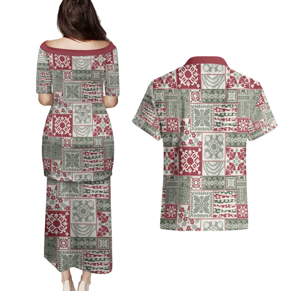 Mele Kalikimaka Hawaii Christmas Couples Matching Puletasi and Hawaiian Shirt Aloha Spirit with Hawaiian Quilt Pattern - Polynesian Pride