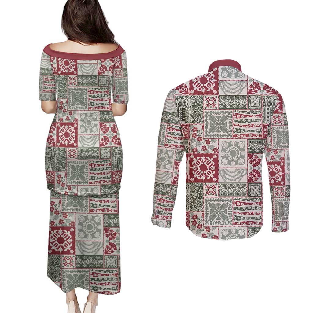 Mele Kalikimaka Hawaii Christmas Couples Matching Puletasi and Long Sleeve Button Shirt Aloha Spirit with Hawaiian Quilt Pattern - Polynesian Pride