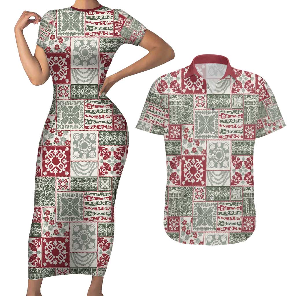 Mele Kalikimaka Hawaii Christmas Couples Matching Short Sleeve Bodycon Dress and Hawaiian Shirt Aloha Spirit with Hawaiian Quilt Pattern LT9 Beige - Polynesian Pride