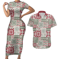 Mele Kalikimaka Hawaii Christmas Couples Matching Short Sleeve Bodycon Dress and Hawaiian Shirt Aloha Spirit with Hawaiian Quilt Pattern LT9 Beige - Polynesian Pride