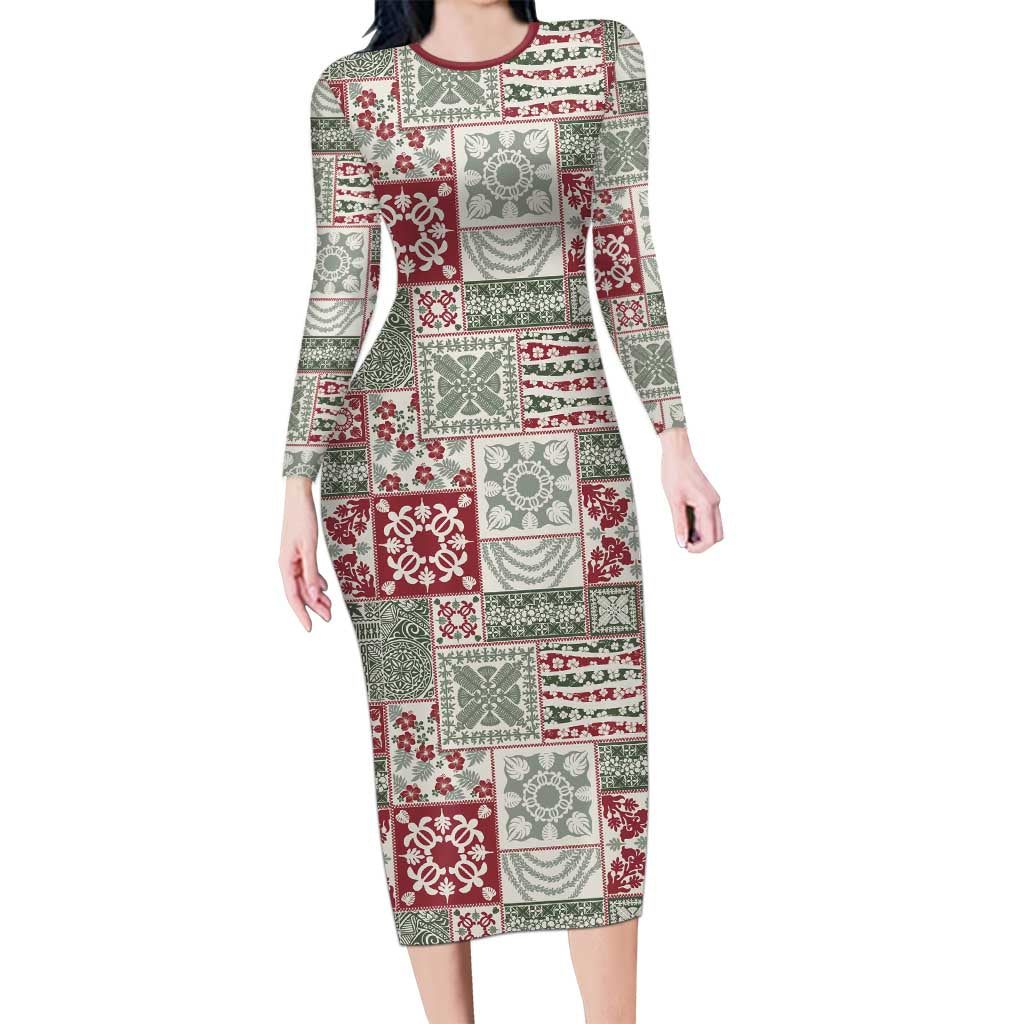 Mele Kalikimaka Hawaii Christmas Family Matching Long Sleeve Bodycon Dress and Hawaiian Shirt Aloha Spirit with Hawaiian Quilt Pattern LT9 Mom's Dress Beige - Polynesian Pride