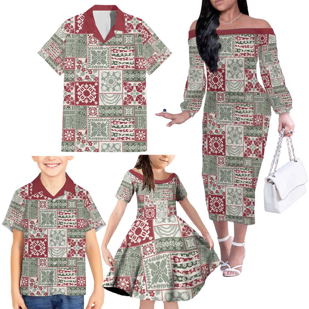 Mele Kalikimaka Hawaii Christmas Family Matching Off The Shoulder Long Sleeve Dress and Hawaiian Shirt Aloha Spirit with Hawaiian Quilt Pattern LT9 - Polynesian Pride