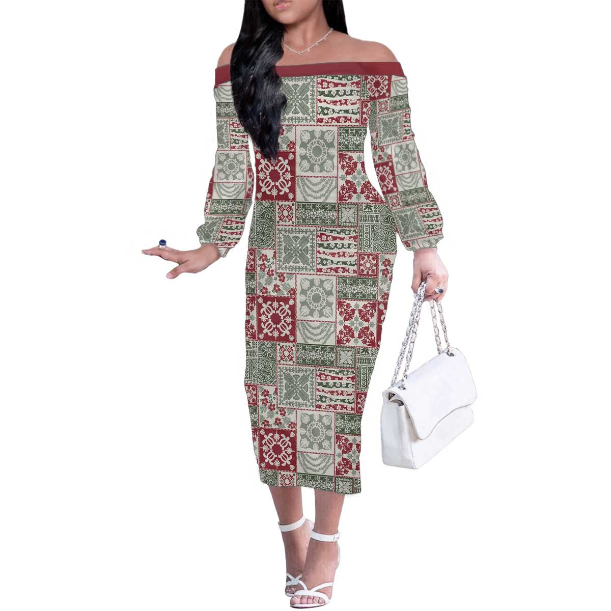 Mele Kalikimaka Hawaii Christmas Family Matching Off The Shoulder Long Sleeve Dress and Hawaiian Shirt Aloha Spirit with Hawaiian Quilt Pattern LT9 Mom's Dress Beige - Polynesian Pride