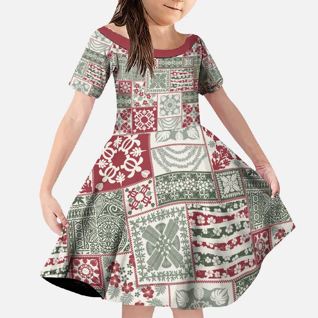 Mele Kalikimaka Hawaii Christmas Family Matching Off Shoulder Maxi Dress and Hawaiian Shirt Aloha Spirit with Hawaiian Quilt Pattern LT9 Daughter's Dress Beige - Polynesian Pride