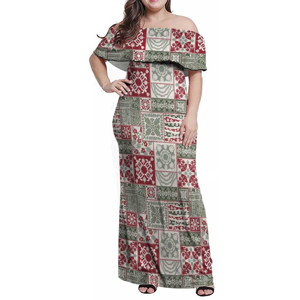 Mele Kalikimaka Hawaii Christmas Family Matching Off Shoulder Maxi Dress and Hawaiian Shirt Aloha Spirit with Hawaiian Quilt Pattern LT9 Mom's Dress Beige - Polynesian Pride