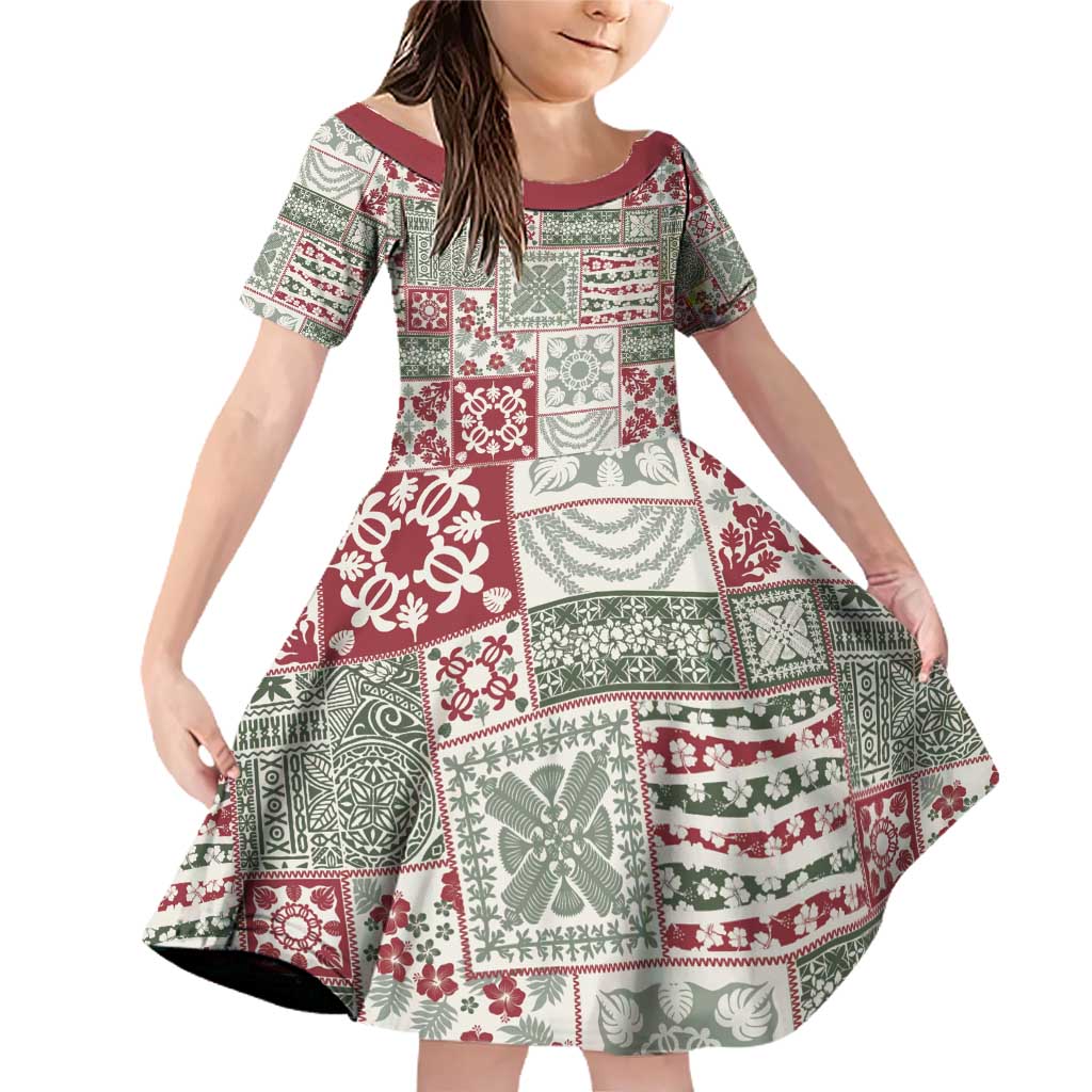 Mele Kalikimaka Hawaii Christmas Family Matching Off Shoulder Short Dress and Hawaiian Shirt Aloha Spirit with Hawaiian Quilt Pattern LT9 Daughter's Dress Beige - Polynesian Pride