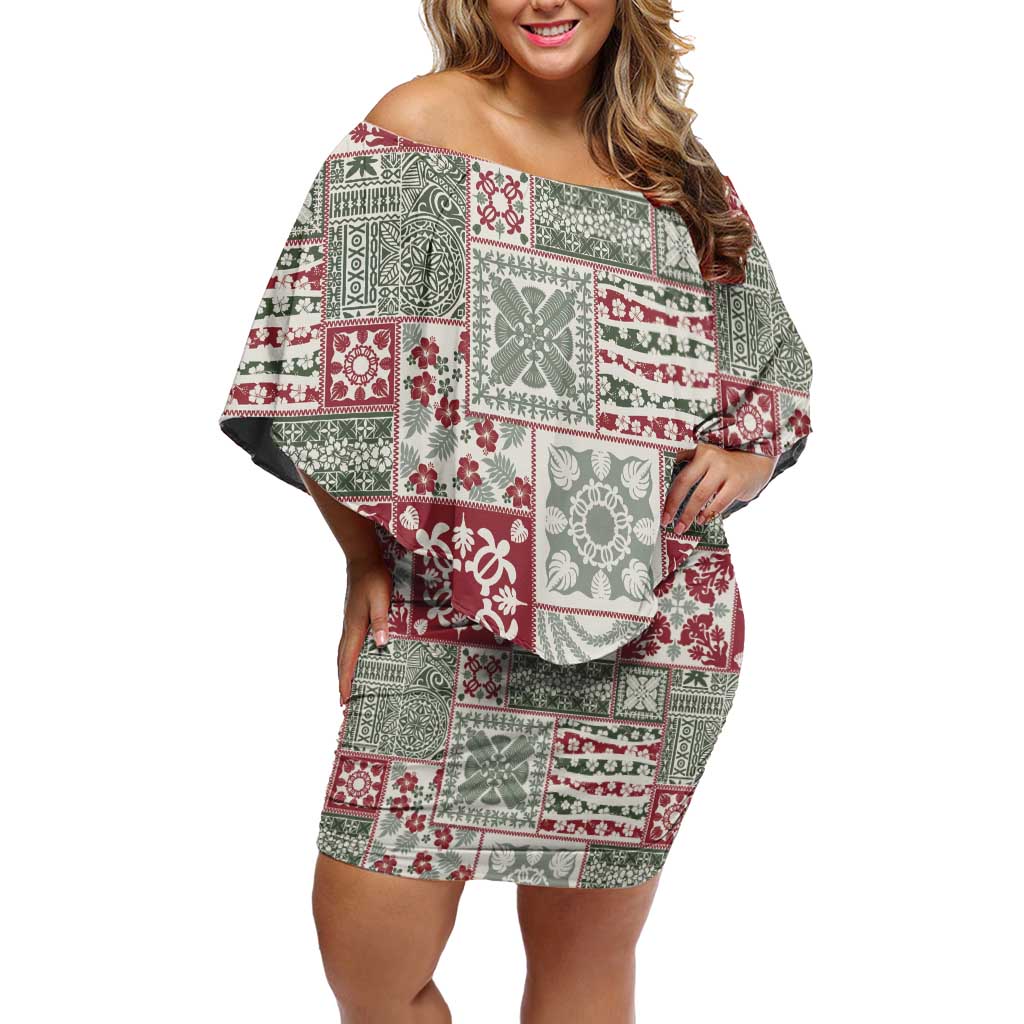 Mele Kalikimaka Hawaii Christmas Family Matching Off Shoulder Short Dress and Hawaiian Shirt Aloha Spirit with Hawaiian Quilt Pattern LT9 Mom's Dress Beige - Polynesian Pride