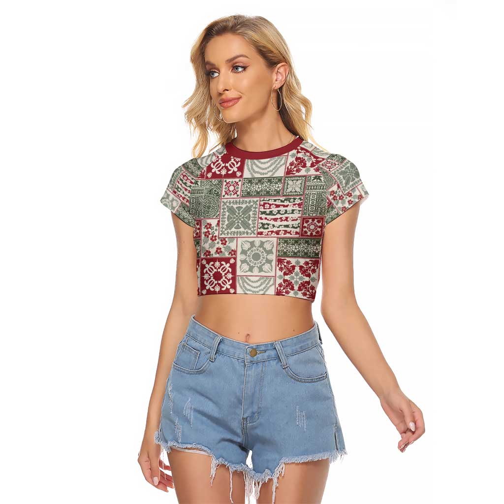 Mele Kalikimaka Hawaii Christmas Raglan Cropped T Shirt Aloha Spirit with Hawaiian Quilt Pattern - Polynesian Pride