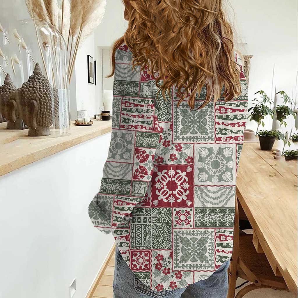 Mele Kalikimaka Hawaii Christmas Women Casual Shirt Aloha Spirit with Hawaiian Quilt Pattern - Polynesian Pride
