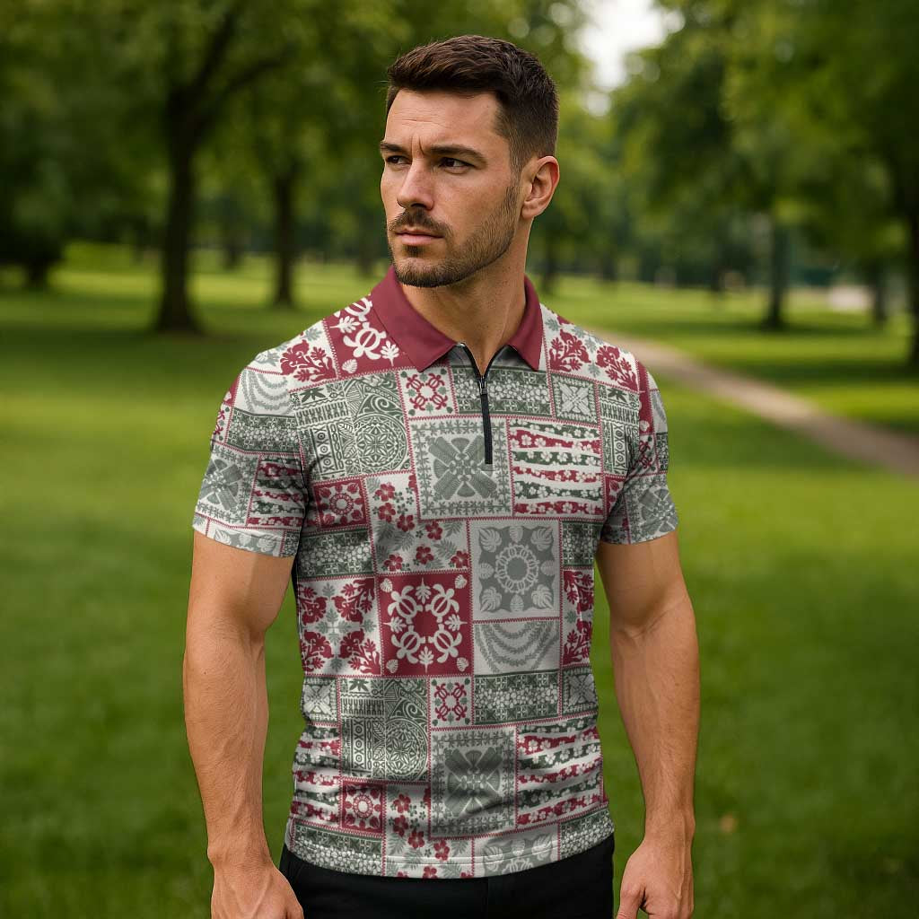 Mele Kalikimaka Hawaii Christmas Zipper Polo Shirt Aloha Spirit with Hawaiian Quilt Pattern - Polynesian Pride
