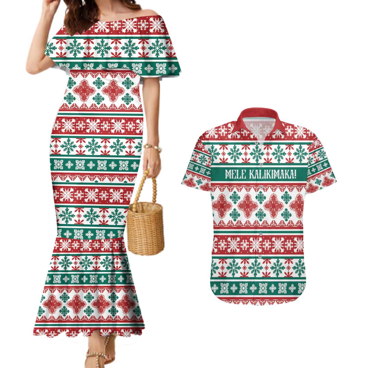 Mele Kalikimaka Hawaii Christmas Couples Matching Mermaid Dress and Hawaiian Shirt Hawaiian Quilt Pattern Style - Polynesian Pride