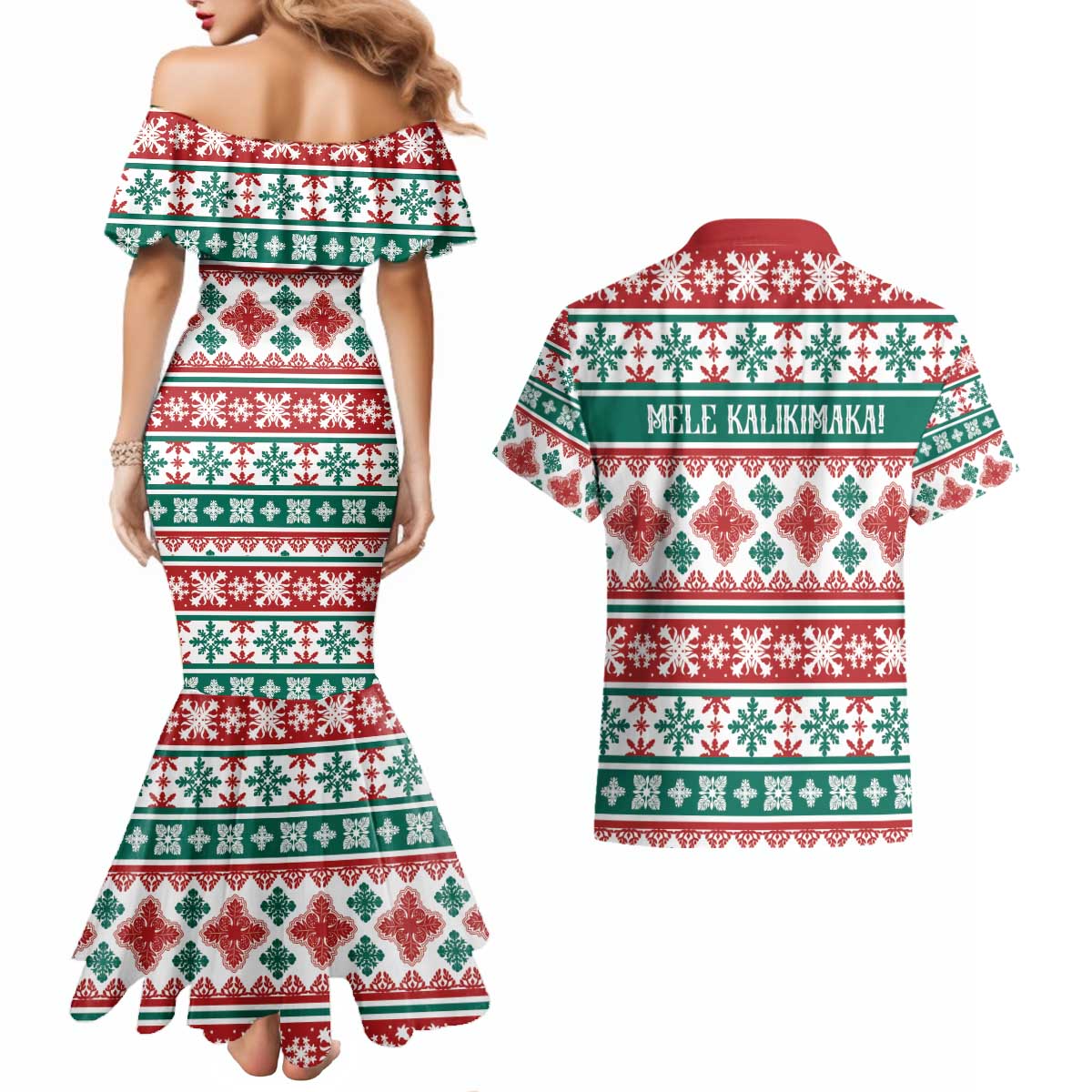 Mele Kalikimaka Hawaii Christmas Couples Matching Mermaid Dress and Hawaiian Shirt Hawaiian Quilt Pattern Style - Polynesian Pride