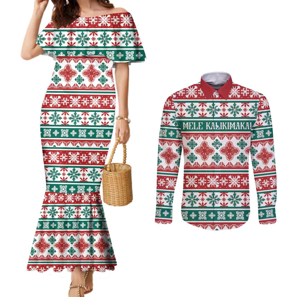 Mele Kalikimaka Hawaii Christmas Couples Matching Mermaid Dress and Long Sleeve Button Shirt Hawaiian Quilt Pattern Style - Polynesian Pride