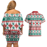 Mele Kalikimaka Hawaii Christmas Couples Matching Off Shoulder Short Dress and Hawaiian Shirt Hawaiian Quilt Pattern Style - Polynesian Pride
