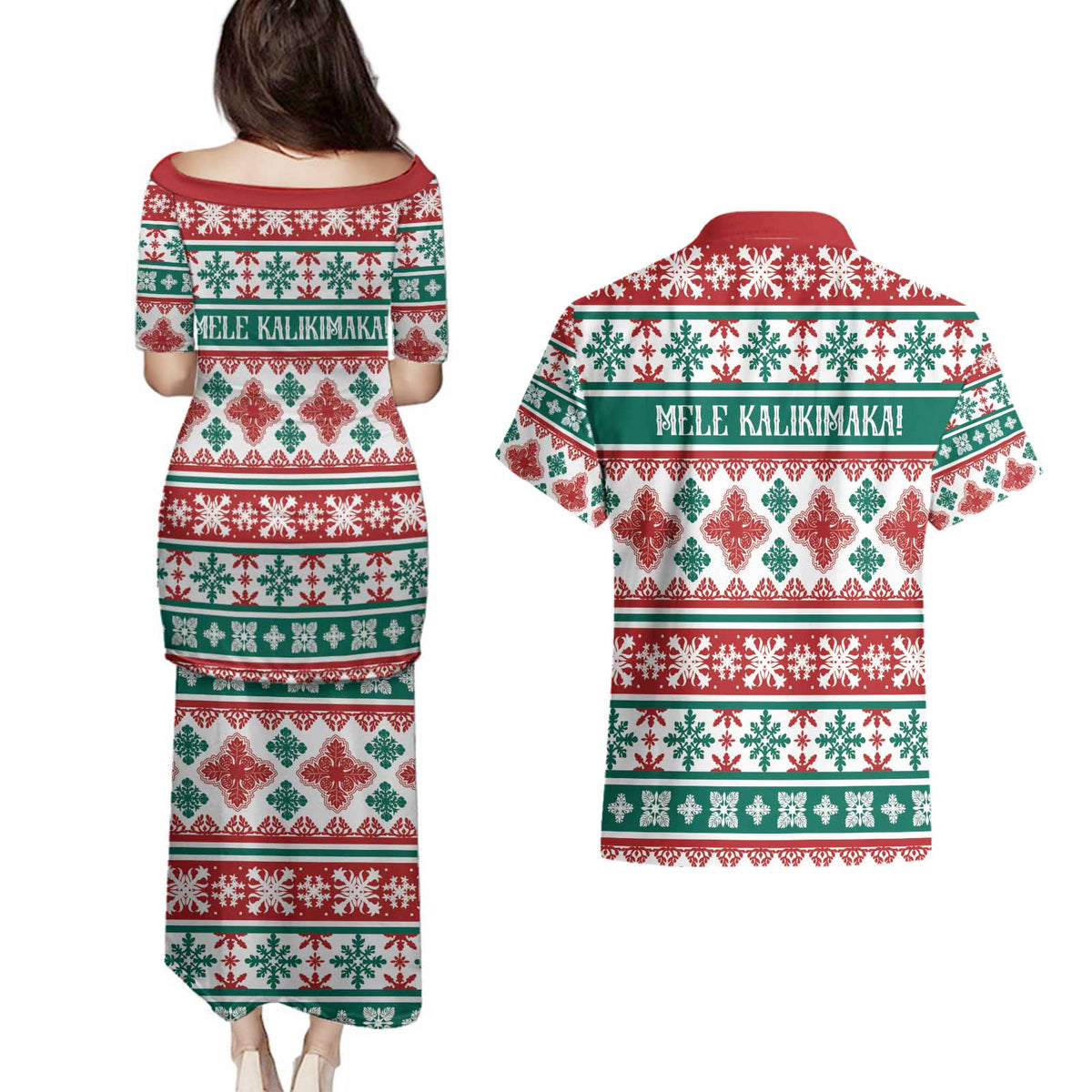 Mele Kalikimaka Hawaii Christmas Couples Matching Puletasi and Hawaiian Shirt Hawaiian Quilt Pattern Style - Polynesian Pride