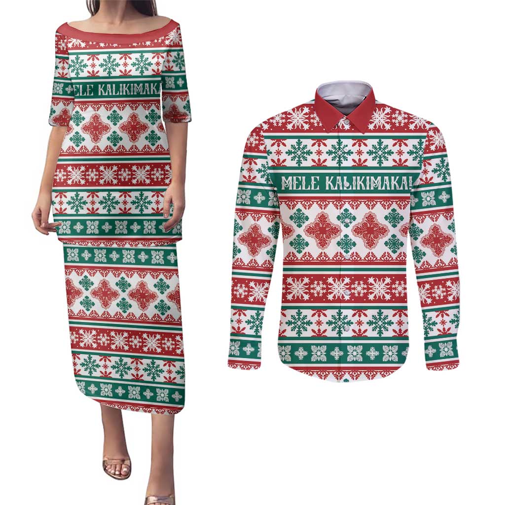 Mele Kalikimaka Hawaii Christmas Couples Matching Puletasi and Long Sleeve Button Shirt Hawaiian Quilt Pattern Style - Polynesian Pride