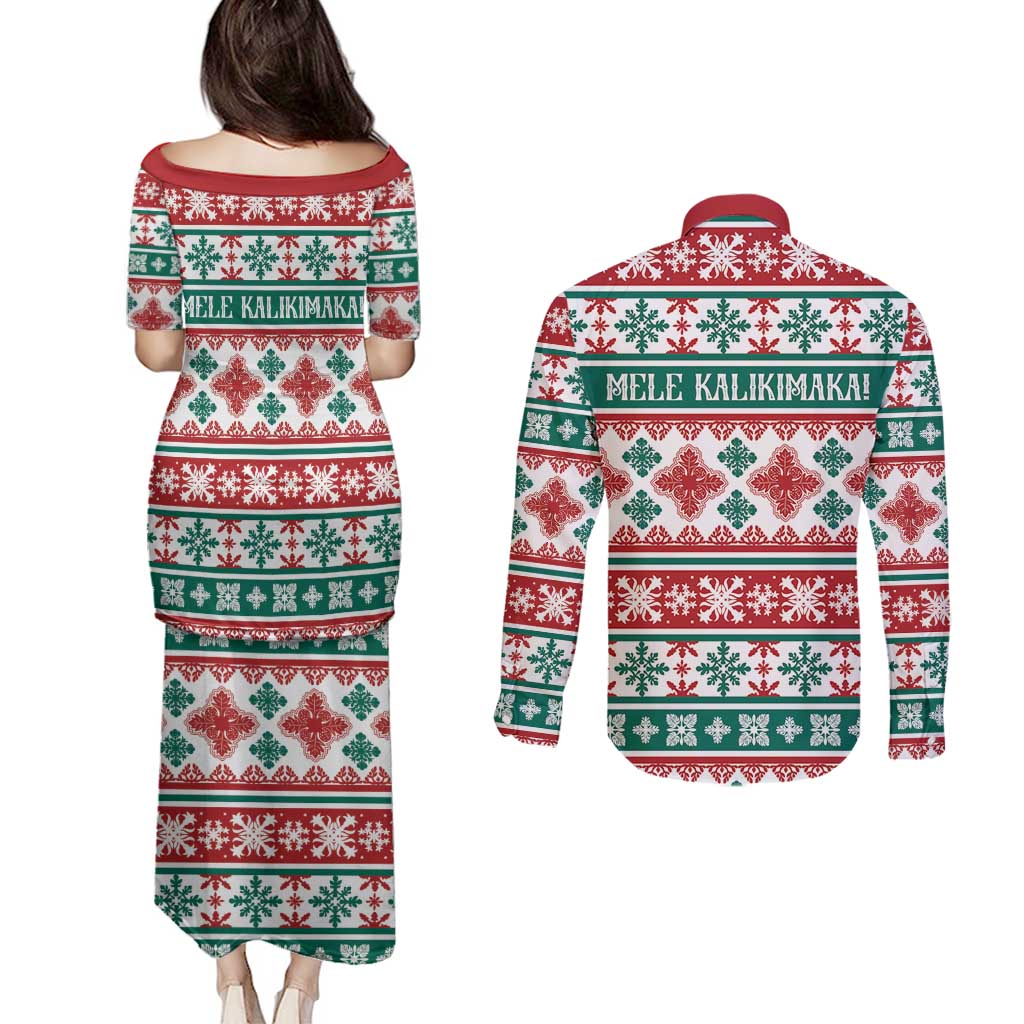 Mele Kalikimaka Hawaii Christmas Couples Matching Puletasi and Long Sleeve Button Shirt Hawaiian Quilt Pattern Style LT9 - Polynesian Pride
