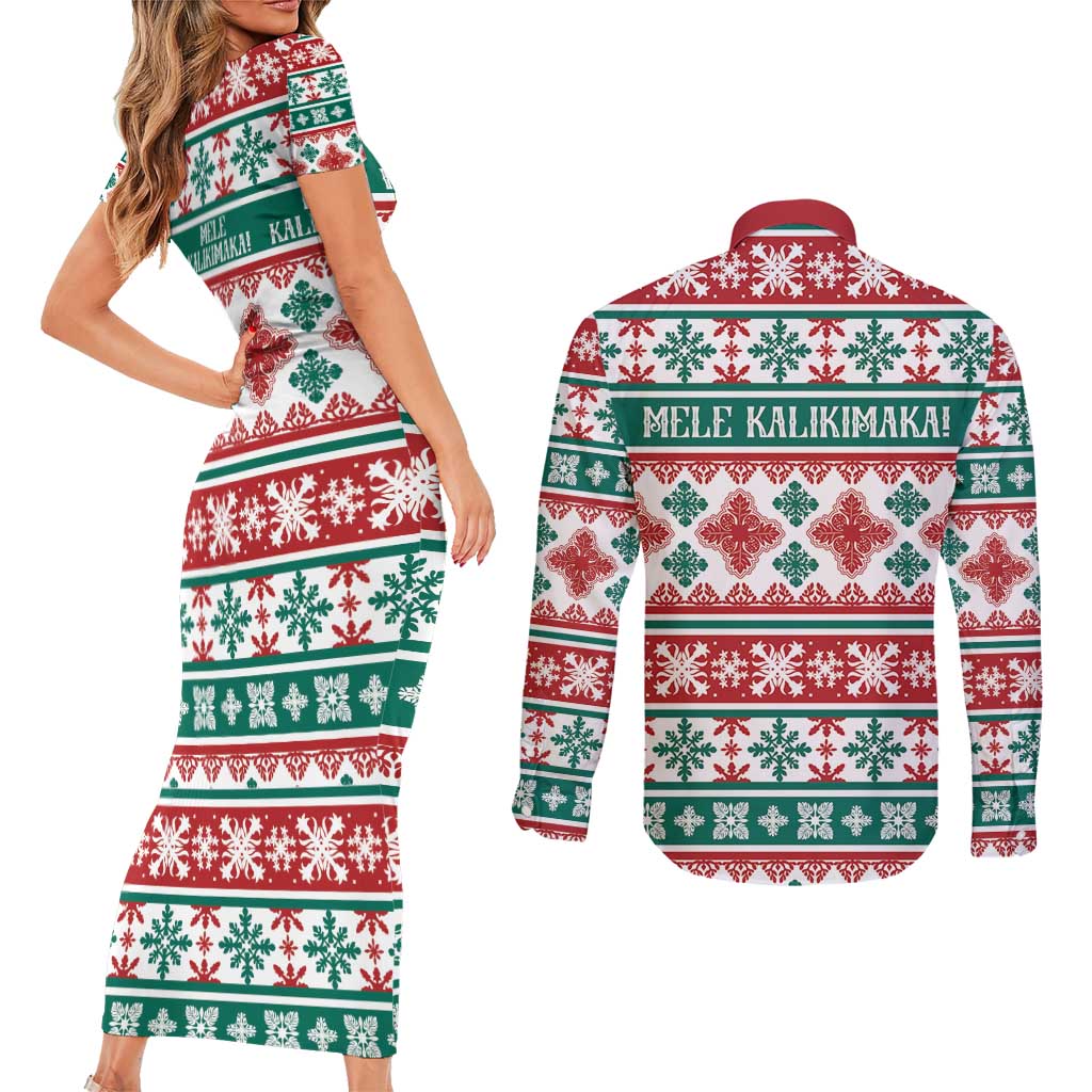Mele Kalikimaka Hawaii Christmas Couples Matching Short Sleeve Bodycon Dress and Long Sleeve Button Shirt Hawaiian Quilt Pattern Style - Polynesian Pride