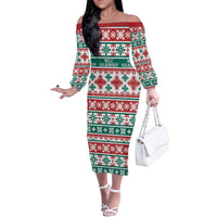 Mele Kalikimaka Hawaii Christmas Family Matching Off The Shoulder Long Sleeve Dress and Hawaiian Shirt Hawaiian Quilt Pattern Style LT9 Mom's Dress Beige - Polynesian Pride