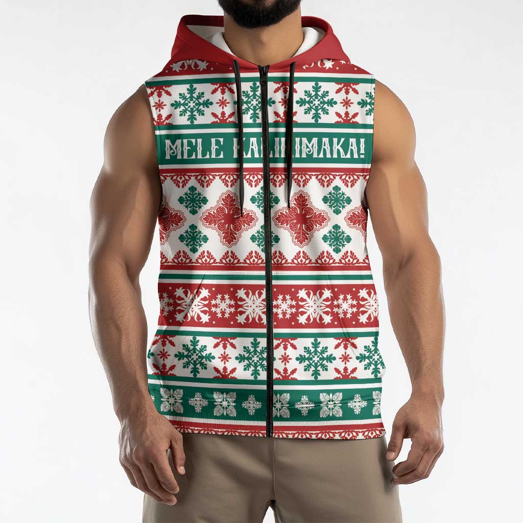 Mele Kalikimaka Hawaii Christmas Sleeveless Zip Hoodie Hawaiian Quilt Pattern Style - Polynesian Pride