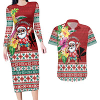 Santa Surf Mele Kalikimaka Personalized Couples Matching Long Sleeve Bodycon Dress and Hawaiian Shirt Aloha Tropical Christmas Vibes LT9 Red - Polynesian Pride