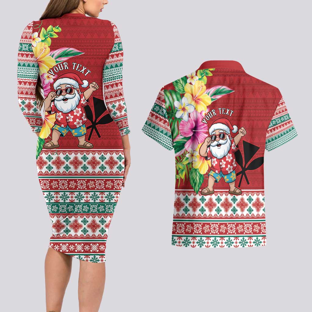 Santa Surf Mele Kalikimaka Personalized Couples Matching Long Sleeve Bodycon Dress and Hawaiian Shirt Aloha Tropical Christmas Vibes LT9 - Polynesian Pride