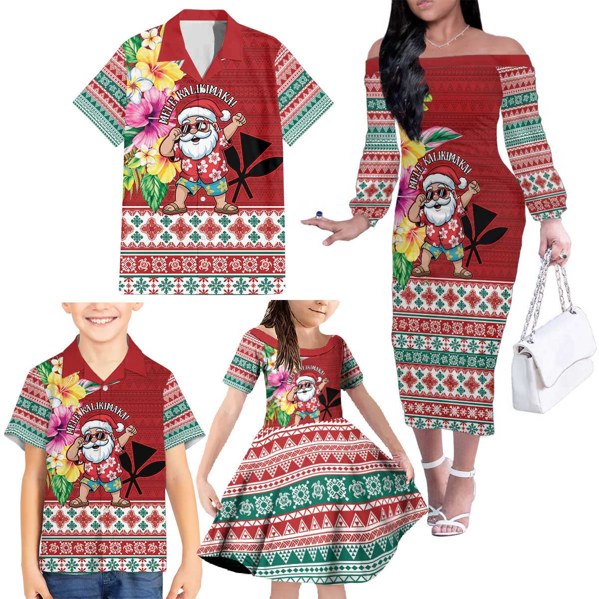 Santa Surf Mele Kalikimaka Personalized Family Matching Off The Shoulder Long Sleeve Dress and Hawaiian Shirt Aloha Tropical Christmas Vibes LT9 - Polynesian Pride