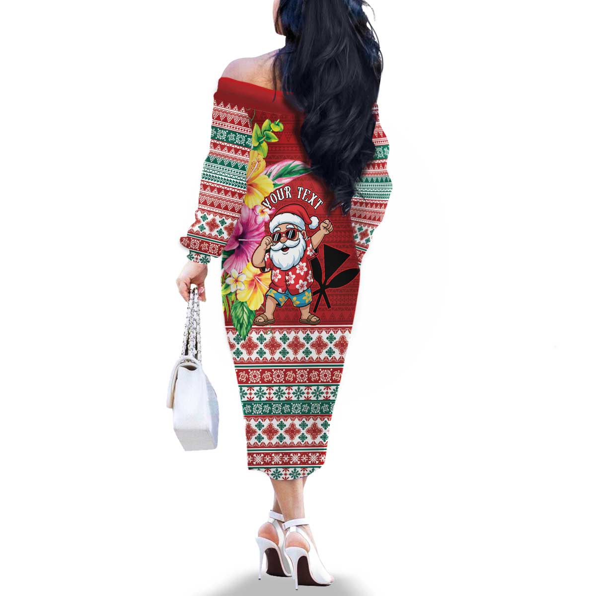 Santa Surf Mele Kalikimaka Personalized Family Matching Off The Shoulder Long Sleeve Dress and Hawaiian Shirt Aloha Tropical Christmas Vibes LT9 - Polynesian Pride