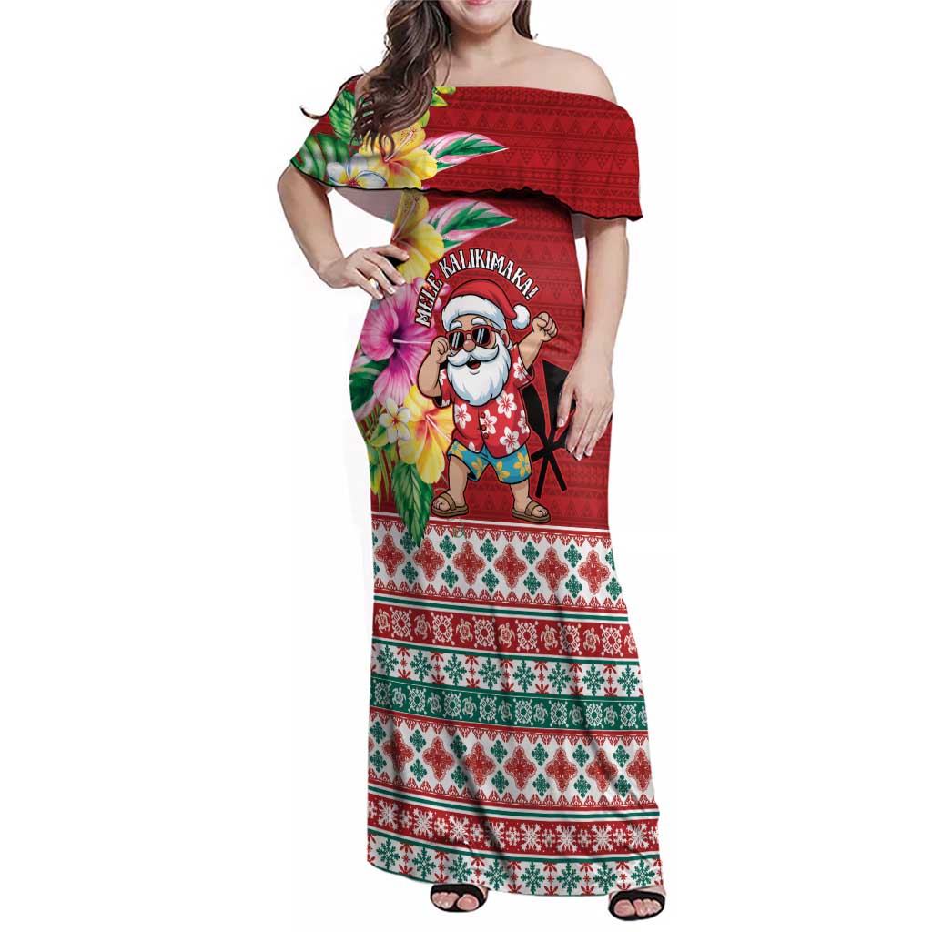 Santa Surf Mele Kalikimaka Personalized Family Matching Off Shoulder Maxi Dress and Hawaiian Shirt Aloha Tropical Christmas Vibes LT9 Mom's Dress Red - Polynesian Pride