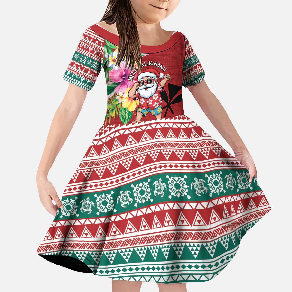 Santa Surf Mele Kalikimaka Personalized Kid Short Sleeve Dress Aloha Tropical Christmas Vibes - Polynesian Pride