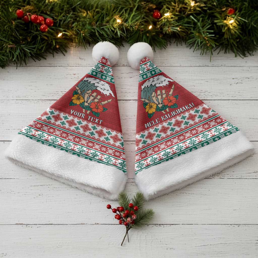 Shaka Sign Skull Mele Kalikimaka Personalized Christmas Santa Hat Hawaiian Quilt Pattern - Polynesian Pride