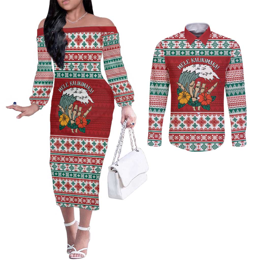 Shaka Sign Skull Mele Kalikimaka Personalized Couples Matching Off The Shoulder Long Sleeve Dress and Long Sleeve Button Shirt Hawaiian Quilt Pattern - Polynesian Pride